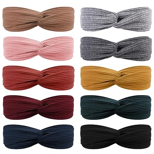 DRESHOW 10 Pack Make Up Headbands for Women Knit Vintage Cross Elastic Head Wrap Hair Accessories