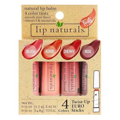 Lip Naturals Tinted Lip Balm 4 Pack of Assorted Colors with Beeswax, Coconut Oil, Vitamin E, and Aloe - Moisturizing Lip Care with a Smooth Mint Flavor