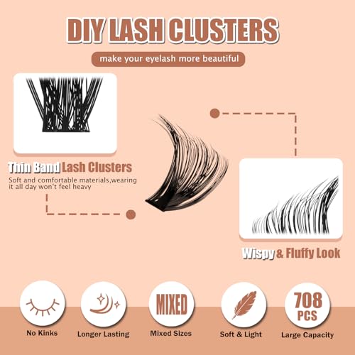 MUSELASH DIY Lash Clusters Kit 708 PCS ? Mixed 30D?100D C Curl Volume Lashes 8?16mm, Wide Band Individual Lash Extensions with Bond & Seal, Tweezers & Brush, At-Home Salon Lash Extension Set
