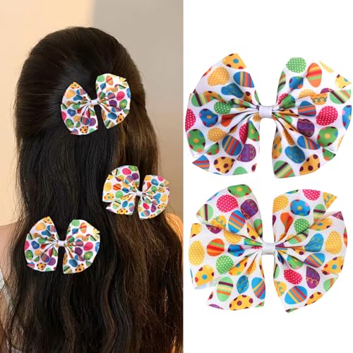 2 Packs Easter Large Bows Hair Clips for Girls - Cute Easter Eggs Hair Clips Boutique Grosgrain Ribbon Hair Pins Lovely Easter Eggs Pattern Headwear Hair Accessories for Baby