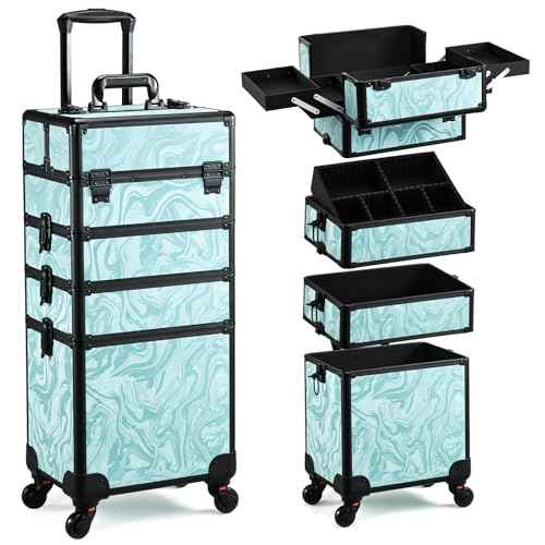 Rolling Makeup Case, 4 in 1 Makeup Case on Wheels, Professional Makeup Trolley, Cosmetic Train Case Makeup Cart Travel Trolley with Key for MUA, Hairstylists, Nail Tech, Turquoise Vitality