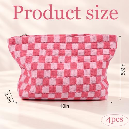 Marsrut 4-Piece Pink Checkered Makeup Bags Set | Large Capacity Cosmetic Organizer
