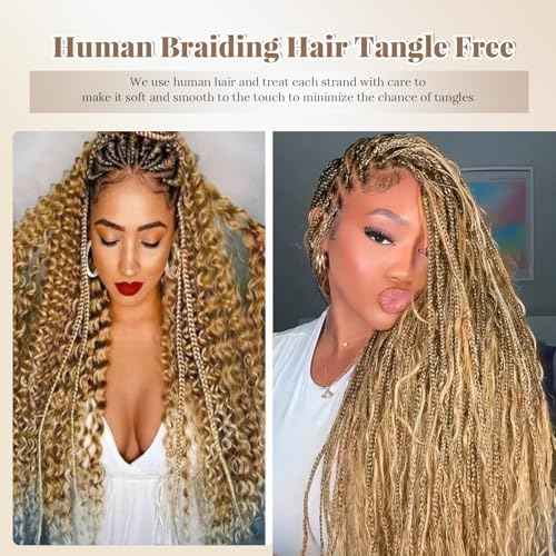 Boho Braids Human Hair Knotless Ombre Blonde Human Braiding Hair 14 Inch 27/613 Ombre Water Wave Bulk Human Hair for Braiding Wet and Wavy No Weft 100g 2 Bundles Curly Human Hair Extensions