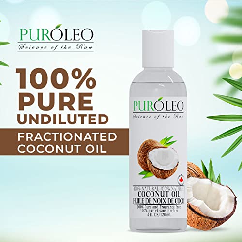 PUROLEO Fractionated Coconut Oil 4 Fl Oz/120 ML (Packed in Canada) 100% Natural and odorless Moisturizer & Carrier Oil l Hair Skin Body, Aromatherapy, Massage, Makeup Remover