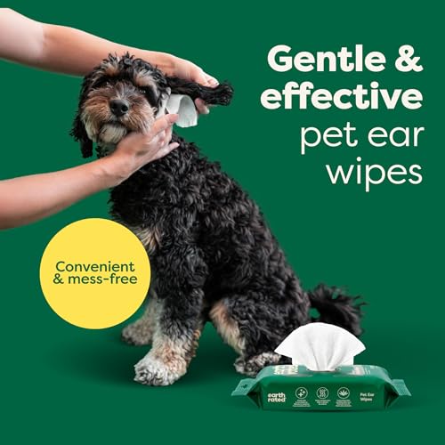 Earth Rated Pet Ear Wipes, Hypoallergenic Ear Wipes for Dogs & Cats to Remove Dirt and Wax Build up, Oatmeal Scent, 60 Count