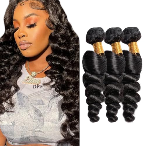 FuivJuix #1B Loose Deep Wave Human Hair Bundles - 3 Pack 30/32/34 Inch, Unprocessed Brazilian Virgin Hair, Natural Black