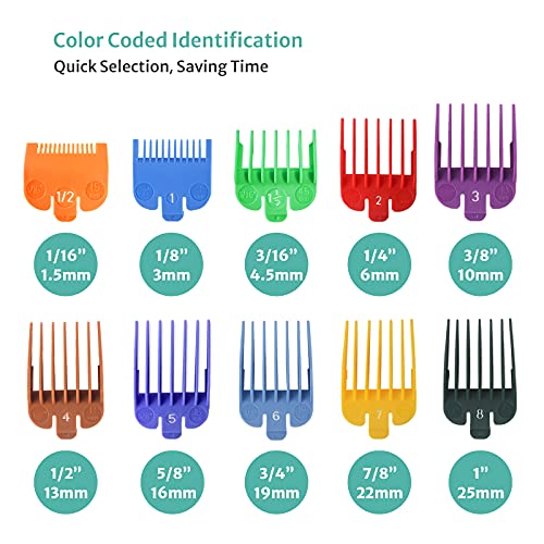 10 Professional Hair Clipper Guards Cutting Guides Fits for Most Wahl Clippers with Organizer, Color Coded Clipper Combs Replacement - 1/16" to 1"