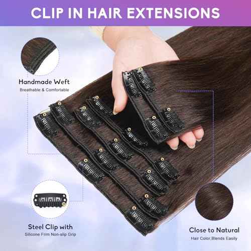Dark Brown Clip in Hair Extensions Real Human Hair Invisible Seamless Remy Human Hair Clip in Extensions for Women 18 Inch 100g, 8pcs Per Set with Double Weft