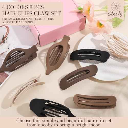 obeoby 8 Pcs Flat Hair Clips, Neutral Color Flat Claw Clips 2 Styles Hair Claws for Women Girls Medium Hair Volume French Hair Barrettes Accessories