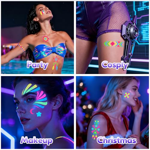 Glow In the Dark Markers for Face Body Paint, 4 Temporary Tattoo Markers for Skin + 57 Tattoo Stencil Stickers, Glow Under UV Light Body Marker Kit