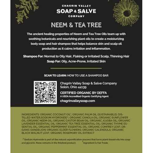 Chagrin Valley Soap & Salve Neem & Tea Tree Organic Soap & Shampoo Bar ? Soothe Dry, Itchy, Irritated Skin - Sulfate Free - For Body & Hair Vegan Shampoo Natural, Large 5.6 oz Bar - 3PK