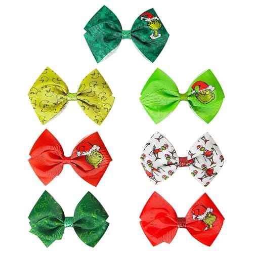 Luv Her Licensed Girls Hair Bows - Hair Accessories Gift Set - 7 Pcs 4 Inch Bundle - Hair Bows for Girls - Grinch Christmas Hair clip - Alligator Clip - Ages 3 +