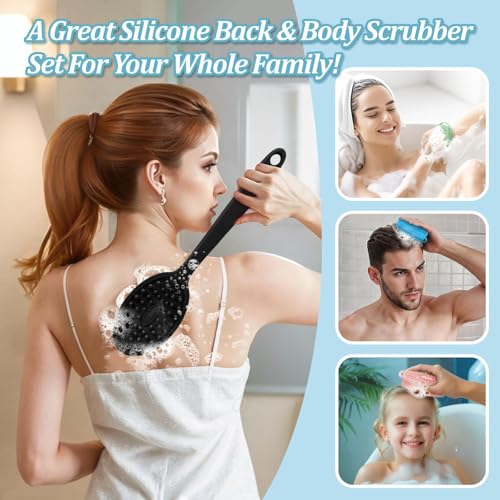 Silicone Back & Body Scrubber Set - Dual-Side, 13.4'' Long Handle