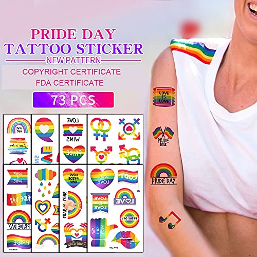 Pride Day Rainbow Temporary Tattoos, 73pcs LGBTQ Fake Tattoo Designs, Gay Parade Body Painting Party Celebration Personality Decoration, Waterproof Stickers, Heart Love Stripes Art Favor Supplies
