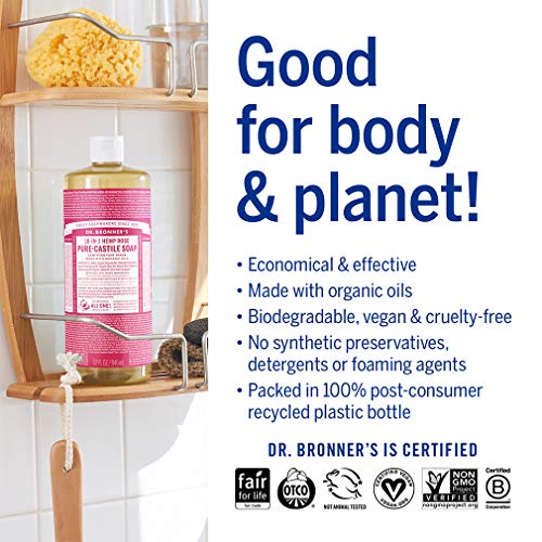 Dr. Bronner’s - Pure-Castile Liquid Soap (Rose, 32 ounce, 2-Pack) - Made with Organic Oils, 18-in-1 Uses: Face, Body, Hair, Laundry, Pets and Dishes, Concentrated, Vegan, Non-GMO