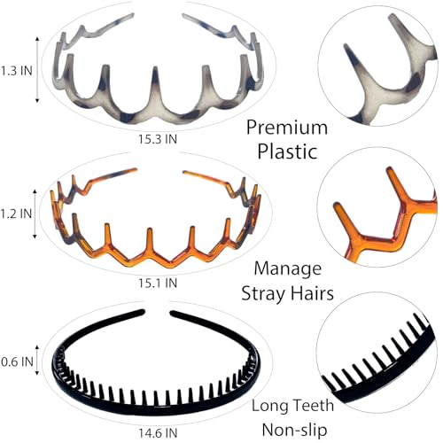 6 Pack Non-Slip Teeth Headbands with Comb - Women & Men