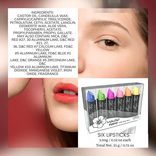 Magic Kiss Color Changing Matte 6 Piece Lipstick Set infused with Aloe Vera Made in USA (Colors of Aloha 1)