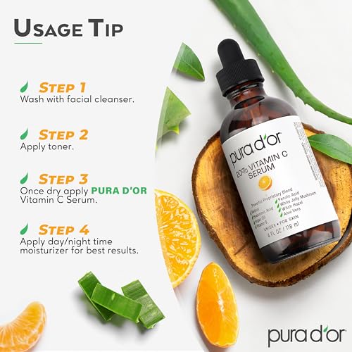 PURA D'OR 20% Vitamin C Facial Serum 4 Oz - Antioxidant Blend with Retinol, Hyaluronic Acid, Vitamin E & Ferulic Acid - Hydrating Lightweight Skincare Formula - Men and Women Daily Use Skin Care Plus