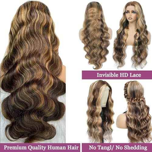 Balayage Honey Blonde Highlights Wig Human Hair, Body Wave 13x6 Lace Front Wigs Human Hair, 22 Inch Ombre Brown Balayage Caramel Blonde Highlights Glueless Lace Frontal Wigs Human Hair Pre Plucked