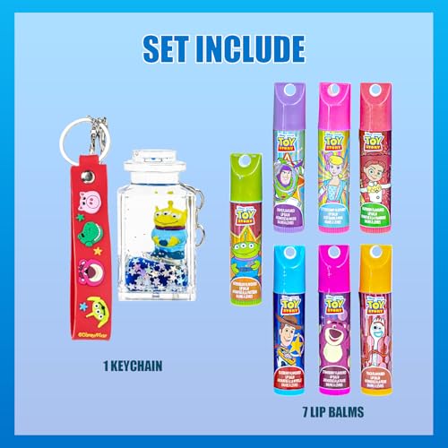 Townley Girl Toy Story 7 Pack Lip Balm with Keychain, Plant Based Lip Balm for Boys and Girls, Kids Chapstick