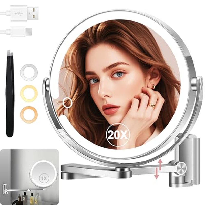 1X/20X Rechargeable Wall Mounted Lighted Makeup Mirror, 8" Magnifying Mirror with 3 Color Dimmable Lights for Bathroom, Built in 2000mAh Battery, 360¡Æ Rotation Vanity Mirror Extendable Arm