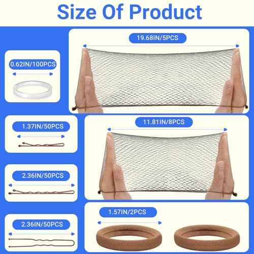 TsMADDTs Bobby Pins and Hair Nets Set, Hair Accessories for Women with Invisible Nets for Ballet Bun(11.81&19.86IN), U Pins for Dance(1.37&2.36IN), Elastic Bands, Clear Rubber Bands