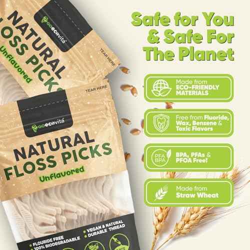 Biodegradable Floss Picks (Unflavored) - Natural Straw Wheat Handle | Thin & Durable Thread for Tight Gaps! | Dental Flossers for Adults | Gentle on Gums & Teeth | Eco Friendly, Vegan (200 Pack)