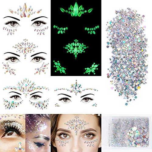 Glow in Dark Face Gems & Glitter Set - Festival Body Jewels