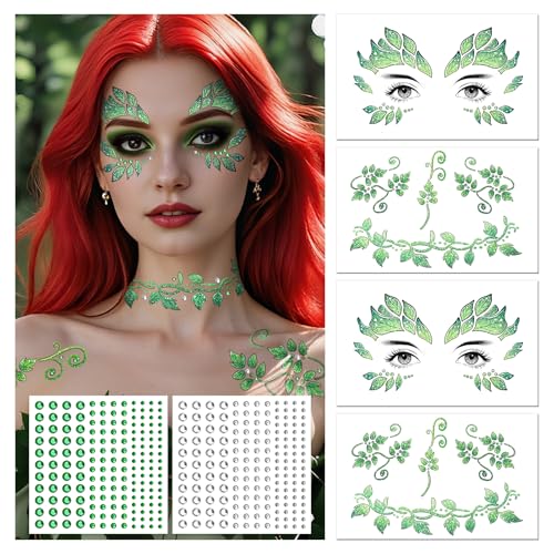 Cerlaza Glitter Leaf Face Tattoos & Gems Halloween Makeup Kit