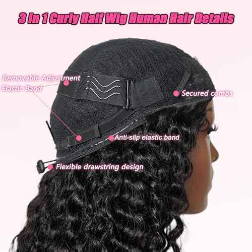 SENSAIRUITE Half Wig Human Hair Curly Deep Wave Half Wigs for Women - Upgrade Drawstring 3 in 1 Seamless Flip Over Glueless Wig 24-inch Natural Black