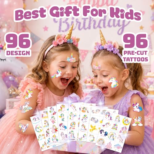 96 PCS Unicorn Temporary Tattoos for Kids | Pre-Cut Party Favors