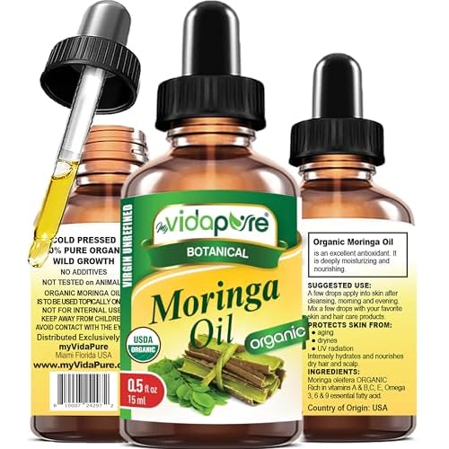 MYVIDAPURE Organic MORINGA OIL Moringa Oleifera Certified Organic 100% Natural Pure Virgin Unrefined for Face, Skin, Body, Hair, Lip, Nails Anti-Aging, Rich in Vitamin E (0.5 Fl Oz)