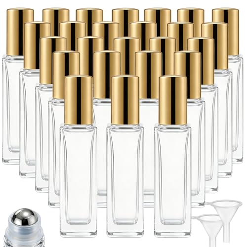 Gold 25 Pcs 10ml Square Glass Essential Oil Roller Bottles Set with Stainless Steel Balls