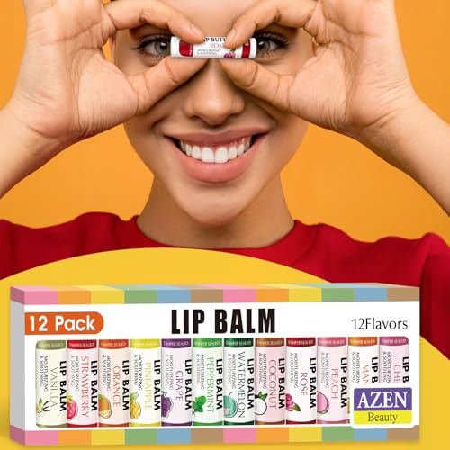 AZEN 12 Pack Lip Balm, Natural Lip Balm Bulk, Lip Care Product, Moisturizing Lip Balm for dry cracked lips - 12 Flavors