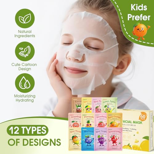 60 Pack Fruit Theme Face Mask for Kids, Easter Basket Stuffers, Sheet Hydrating Face Masks Skincare for Teens Women, Skin Care for Kids, Spa Party Supplies and Bulk Birthday Gifts for Girls