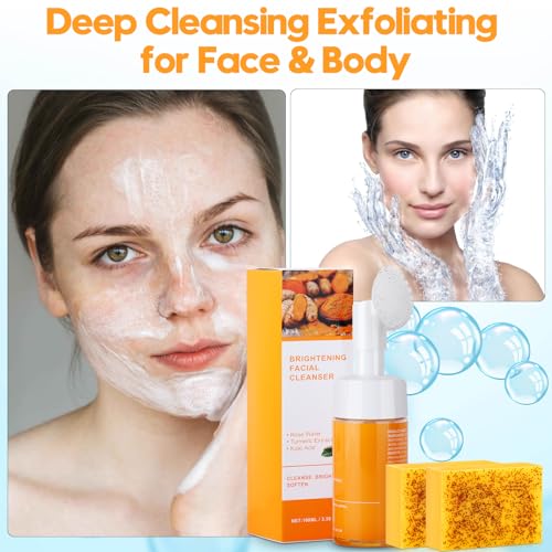 Kojic Acid Soap Set, Lemon Turmeric Kojic Acid Soap Bar & Tuemeric Facial Cleansing Mousse, Deep Cleansing for All Skin Types
