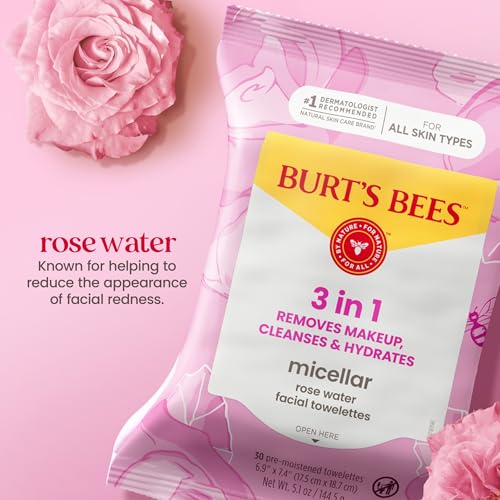Burt's Bees Micellar Rose Water Facial Wipes, 30 Count (3-Pack)
