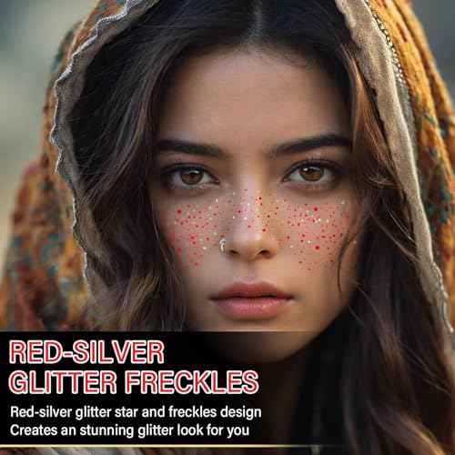 10 Pcs Red-Silver Dual-tone Glitter Freckles,Red and Silver Glitter Freckles Face Tattoo, Waterproof Face Sparkle Freckles, Long-lasting 48h Temporary Tattoos for Christmas
