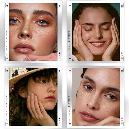 24 Sheets Glitter Freckle Tattoos, Gold Glitter Face Speckles Makeup Temporary Tattoos, Glitter Face Freckle Patches Makeup Accessories for Women and Girls