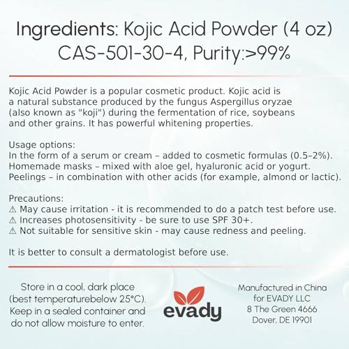 Kojic Acid Powder 4 oz for Skincare Products and Homemade Cosmetics, DIY Lotions, Creams, Serums, Soaps