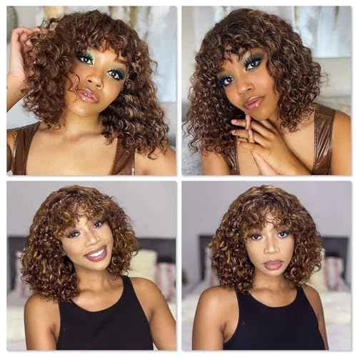 12" Highlights Curly Human Hair Wig with Bangs Short Curly Bob Wigs for Black Women Water Wave Human Hair Wig with Bangs Blonde Highlight Curly Wigs Wear and Go None Lace Front Glueless Wig F4/27