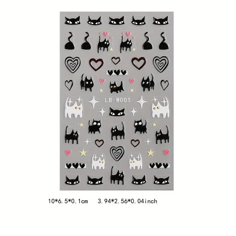 Cute Nail Art Stickers Cute Cat Self-Adhesive DIY Nail Decals Black White Cat Nail Stickers for Nail Art Kawaii Cat Nail Art Decals Heart Nail Art Design Decoration for Women Nail Decorations 2PCS