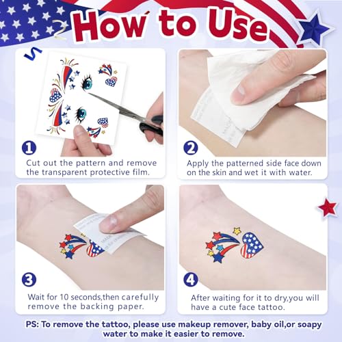 Patriotic Temporary Tattoos for Kids, 12 Sheets 4th of July Face Stickers