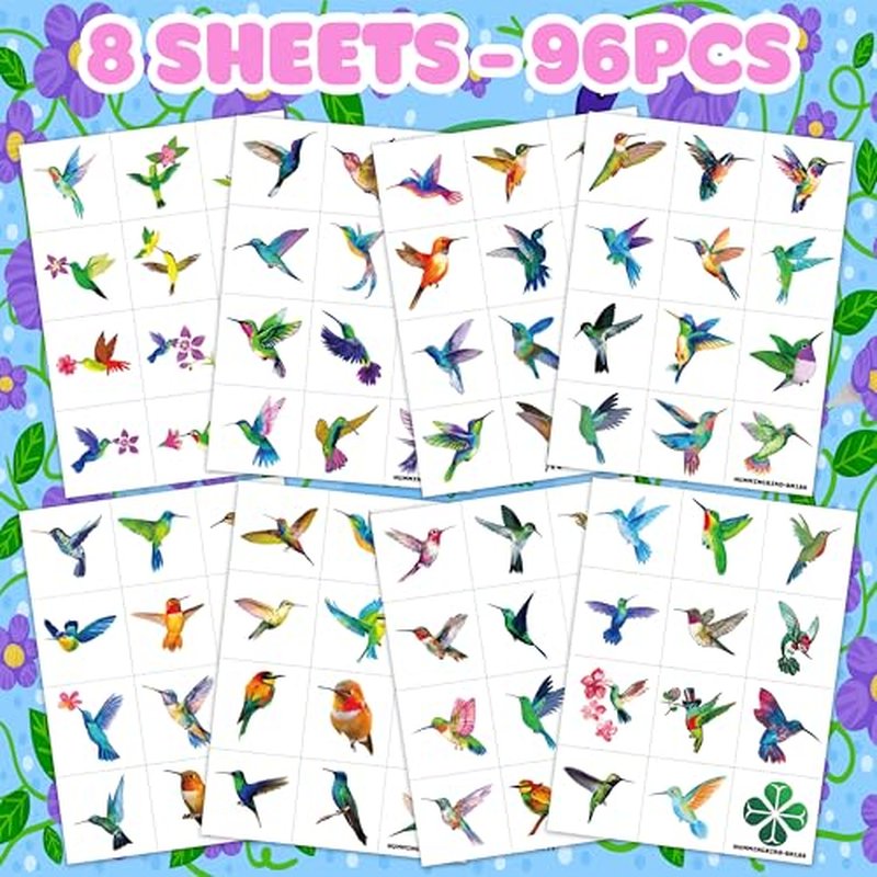 96PCS Colorful Hummingbird Temporary Tattoos Themed Birthday Party Decorations Favors Supplies Decor Spring Flying Nature Bird Tattoo Stickers Gifts For Kids Adults Boys Girls School Prizes Carnival