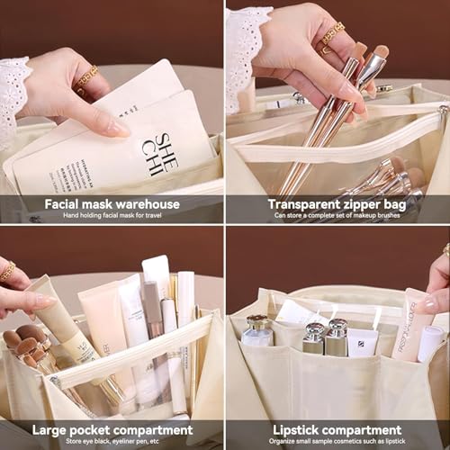 AUCCNT Brown Travel Makeup Bag - Large Capacity Waterproof Cosmetic Organizer