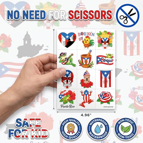 96PC Puerto Rico Temporary Tattoos for Kids | Waterproof Party Favors