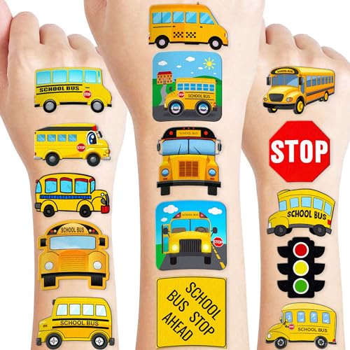 School Bus Temporary Tattoos Theme Birthday Party Decorations Favors Decor Supplies Cute 91 PCS Transportation Back To School Tattoo Stickers Gifts for Kids Girls Boys School Prizes Carnival Christmas