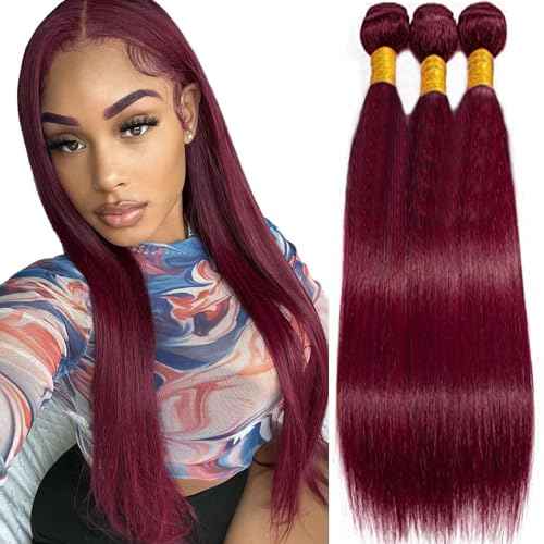 Augfst Brazilian Virgin Human Hair Bundles Burgundy 99J Straight Wave Bundles Human Hair 12 14 16 inch Unprocessed Brazilian Wine Red Quick Weave Hair for Black Women