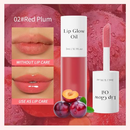 Tiejdhr Korean Lip Oil 02# Red Plum Fruity Flavored Lip Glow Nourishing Moisturizer 0.1 Fl Oz