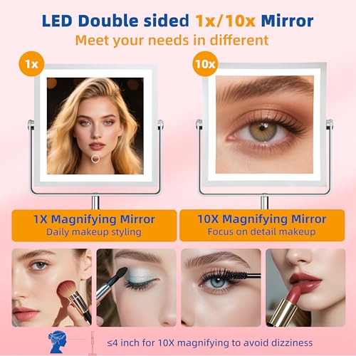 Ruacq Makeup Mirror with Lights, 4000mAh Rechargeable Magnifying Mirror with Light, 1X/10X, Height Adjustable Bathroom Vanity Mirror, 3 Colors, Adjustable Brightness (Chrome)